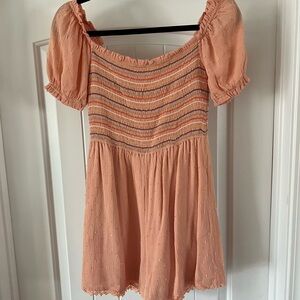 Peach Smocked Romper with Puff Sleeves